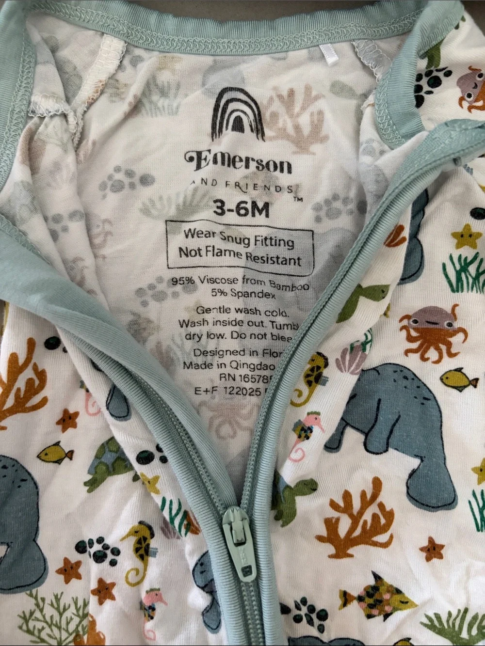 Unbranded Light Blue Trim Kids Footed Pajamas with Ocean Animal Print